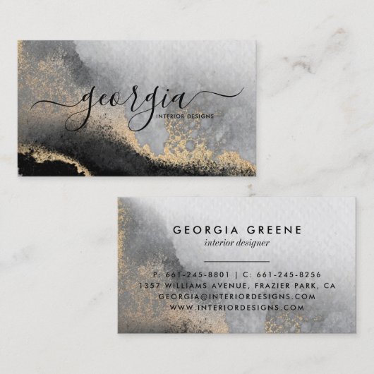 Carte De Visite Signature Script Aquarelle Noir Gris Or Marbre (Devant / Derrière)