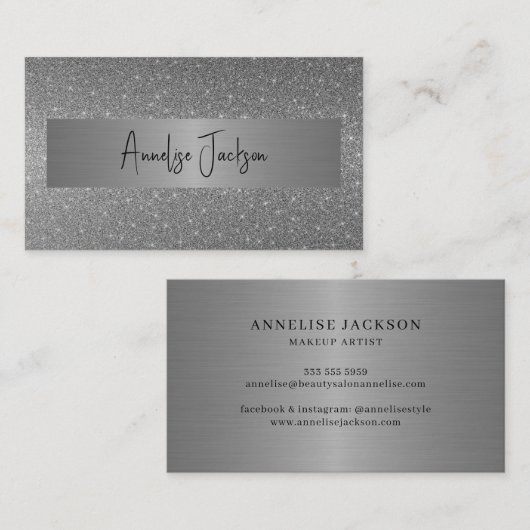 Carte De Visite Signature script moderne glam argent parties scint (Devant / Derrière)