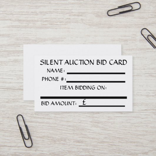 Carte De Visite Silent Auction Bid Card (White) BRITISH POUND (Devant/Arrière en situation)