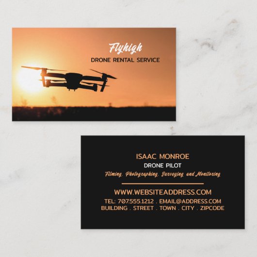Carte De Visite Silhouette de drone de coucher de soleil, pilote d (Devant / Derrière)