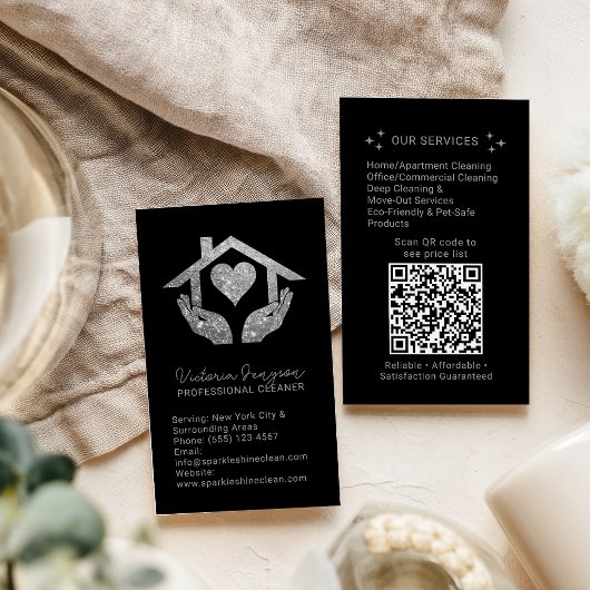 Carte De Visite Silver Black Cleaning Service Maid QR Code Logo