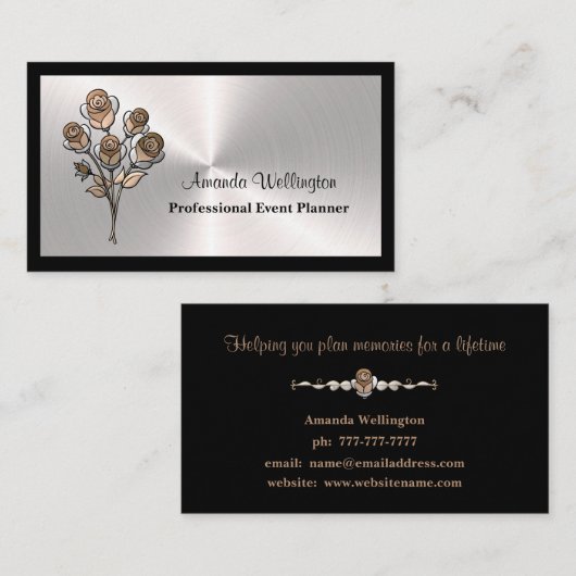 Carte De Visite Silver & Black Floral Event Planner Business Card (Devant / Derrière)