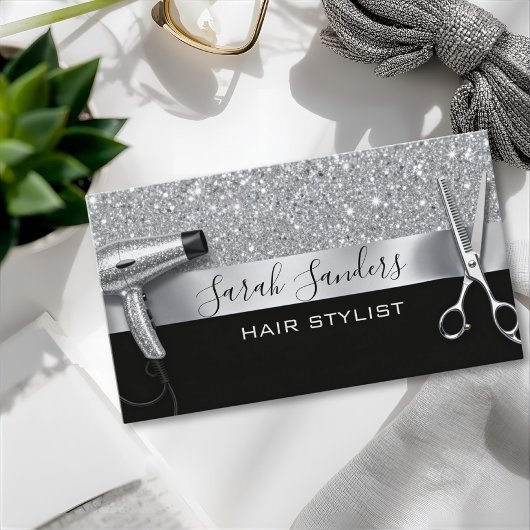 Carte De Visite Silver Glitter & Black Glam Hair Stylist