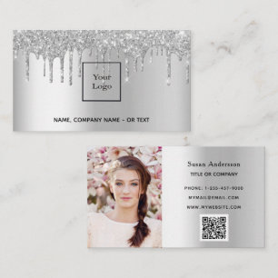 Carte De Visite Silver photo QR code parties scintillant gouttes f