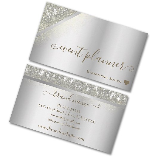 Carte De Visite Silver tendance avec Elegant Gold Rain Event Plann