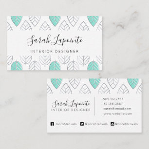 Carte De Visite Silver & Turquoise Chic & Moderne Motif feuille