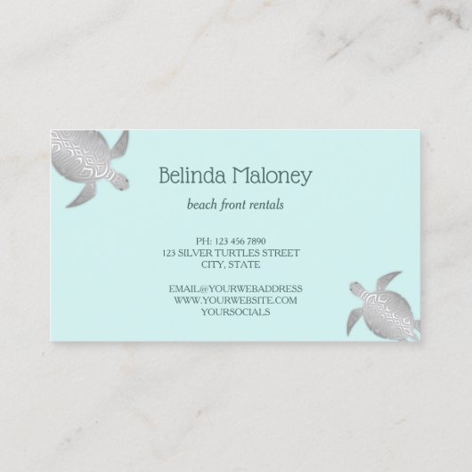 Carte De Visite Silver Turtle Blue Ink Coastal QR Code (Dos)