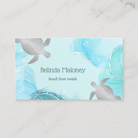 Carte De Visite Silver Turtle Blue Ink Coastal QR Code (Devant)