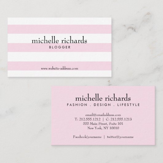 Carte de visite simple à rayures rose et blanc (Devant / Derrière)