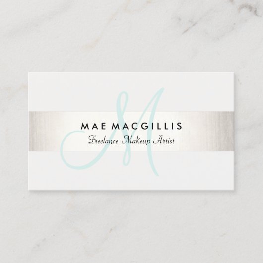 Carte De Visite Simple Aqua Monogram Moderne FAUX Argent strié (Devant)