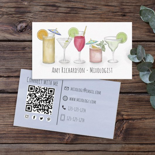 Carte De Visite Simple Aquarelle Cocktails Boissons Bartender