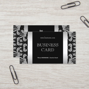 Carte De Visite Simple Argent Noir Floral Damask 2