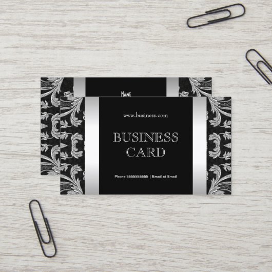 Carte De Visite Simple Argent Noir Floral Damask 2 (Devant/Arrière en situation)