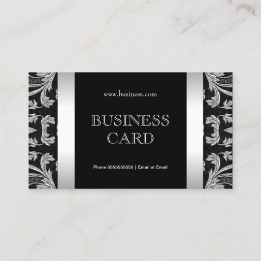 Carte De Visite Simple Argent Noir simple Damas Floral 2 (Devant)