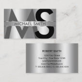 Carte De Visite Simple Argent sur Argent Monogramme et Plaque de N (Devant / Derrière)