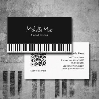 Carte De Visite Simple Black White Piano Music Enseignant Pianiste