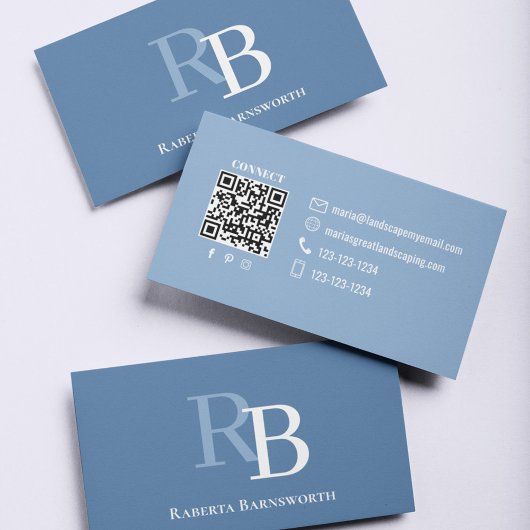 Carte De Visite Simple Blue Monogram QR Code | Connect with Me