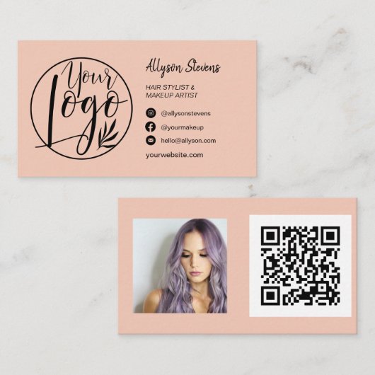 Carte De Visite Simple blush peach maquillage photo logo qr code (Devant / Derrière)