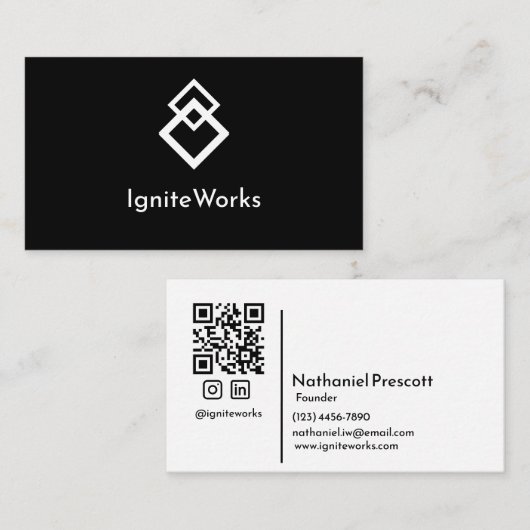 Carte De Visite Simple Bold Moden Slee Look noir blanc QR Code (Devant / Derrière)