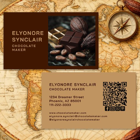 Carte De Visite Simple Brown Chocolate Maker Photo Social QR Code 