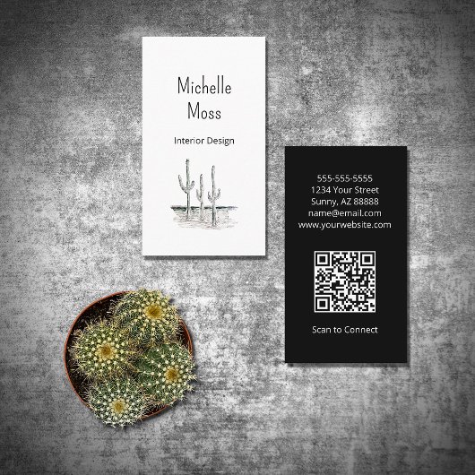 Carte De Visite Simple Cactus du désert Code QR noir blanc