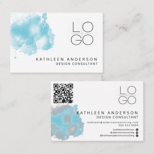 Carte de visite simple couleur bleu avec code QR (Devant / Derrière)