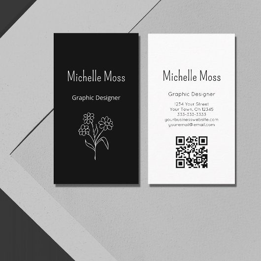 Carte De Visite Simple Daisy QR code Black White Graphic Designer
