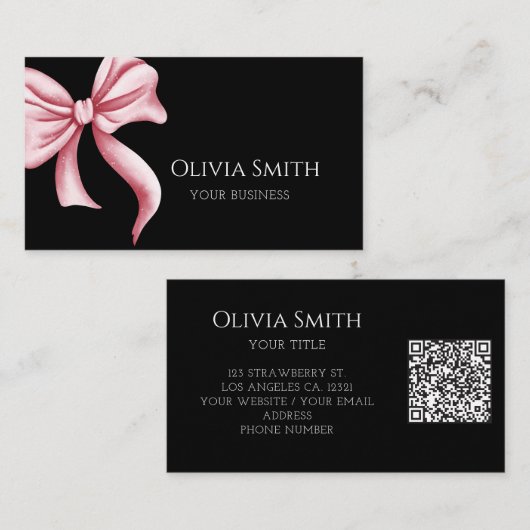 Carte De Visite Simple Elegant Black Pink Bow QR Code (Devant / Derrière)
