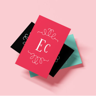 Carte De Visite Simple Elegant Boho Blanc Cadre Monogramme Rouge