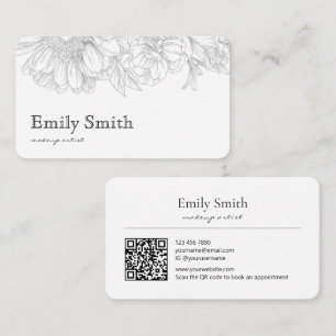 Carte De Visite Simple Élégant Code QR Art Linéaire Floral Gris