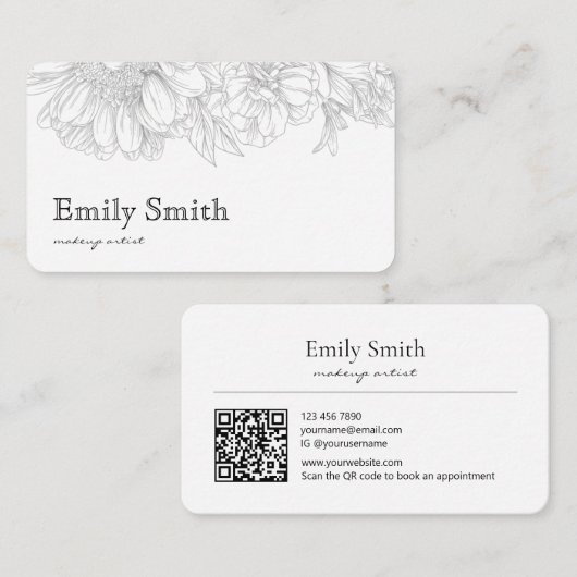 Carte De Visite Simple Elegant Gray Floral Line Art QRCode (Devant / Derrière)