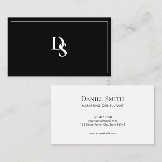 Carte De Visite Simple Élégant Monogramme Initial Noir et Blanc (Devant / Derrière)