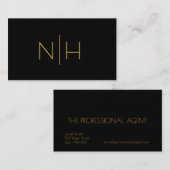 Carte De Visite Simple Elegant Noir & Or Monogramme Professionnel (Devant / Derrière)