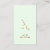 Carte De Visite Simple Elégant Pastel Vert Faux Or Ciseaux Cheveux (Devant)