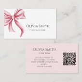 Carte De Visite Simple Elegant Pink Bow QR Code (Devant / Derrière)