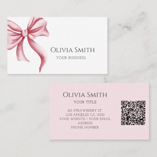 Carte De Visite Simple Elegant Pink Bow QR Code (Devant / Derrière)