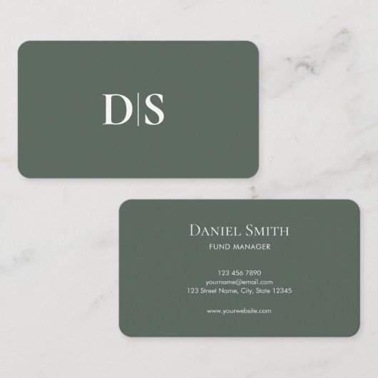 Carte De Visite Simple Elegant Professionals Muted Green Initials (Devant / Derrière)