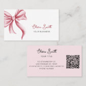 Carte De Visite Simple Elegant Typography Pink Bow QR Code (Devant / Derrière)