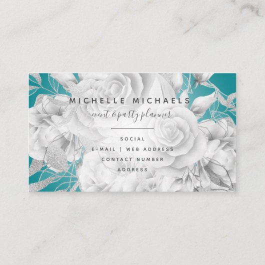 Carte De Visite Simple Floral Turquoise & Silver Script moderne  (Dos)