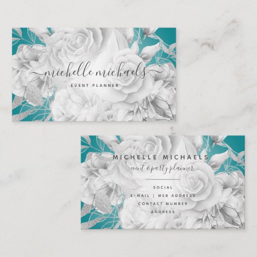 Carte De Visite Simple Floral Turquoise & Silver Script moderne  (Devant / Derrière)