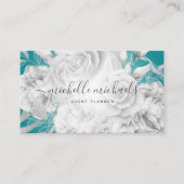 Carte De Visite Simple Floral Turquoise & Silver Script moderne  (Devant)
