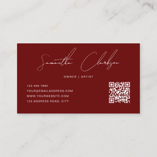 Carte De Visite Simple foncé rouge moderne script manuscrit code Q (Dos)