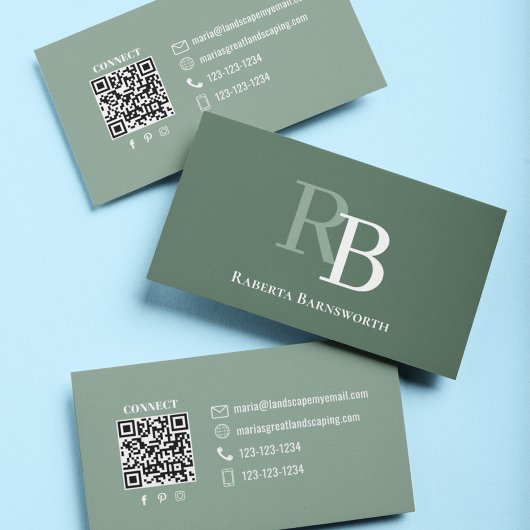 Carte De Visite Simple Green Monogram QR Code | Connect with Me