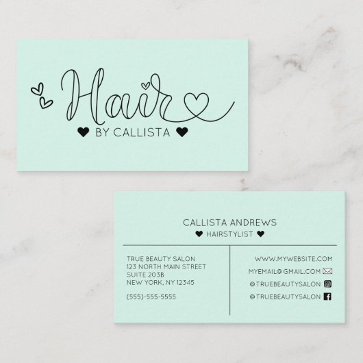 Carte De Visite Simple jolie Monnaie Coeurs verts Typographie Chev (Devant / Derrière)