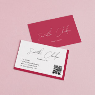 Carte De Visite Simple Magenta Hot rose manuscrit code QR