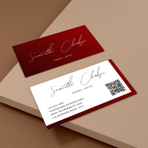 Carte De Visite Simple Maroon blanc Script manuscrit code QR