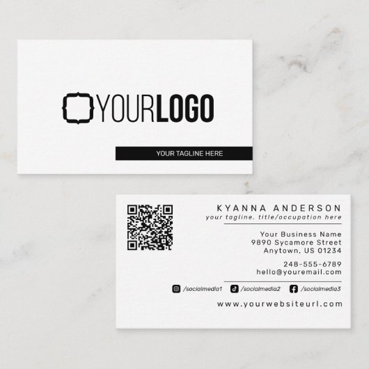 Carte De Visite Simple Modern Black & White - Ajouter QR Code/Logo (Devant / Derrière)