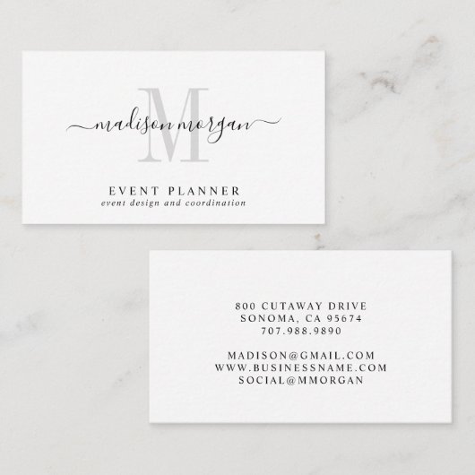 Carte De Visite Simple Modern Event Planner Script Monogram (Devant / Derrière)