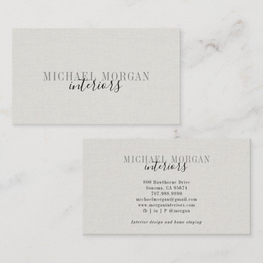 Carte De Visite Simple Modern Interior Designer Script Faux Linen (Devant / Derrière)