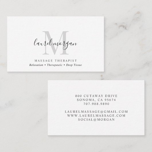 Carte De Visite Simple Modern Massage Therapist Script Monogram (Devant / Derrière)